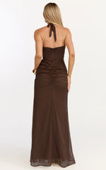Eleonor Maxi Dress - Plunge Halter Tiered Ruffle Front Split Dress in Chocolate