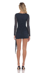 Lace Long Sleeve Tassel Dress in Navy
