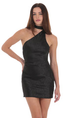 Leopard Jacquard Scarf Halter Dress in Black