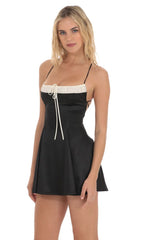 Two Toned Satin Fit and Flare Dress in Black