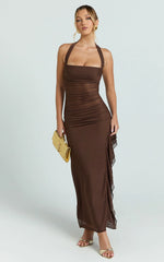 Almarie Midi Dress - Halter Neck Mesh Dress in Chocolate