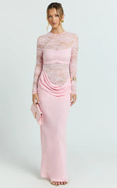 Crisanta Maxi Dress - Long Sleeve Contrast Lace Bodycon Dress in Pink