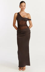 Elias Maxi Dress - Twisted One Shoulder Cowl Dropped Waist Dress in Chocolate