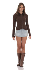 Fur Collar Zip-Up Cardigan in Brown