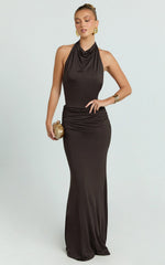 Lizzy Maxi Dress - Backless Ruched Bodycon Dress in Chocolate