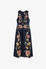 Farm Rio women’s Maira long linen dress blue navy sleeveless midi with pink peach yellow floral embroidery and green leaves
