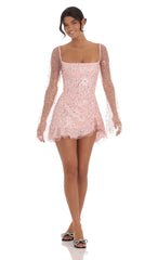 Sequin Flare Long Sleeve Dress in Pink