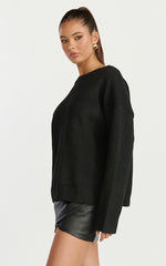 Amanda Top - Crew Neck Long Sleeve Knit Sweater in Black