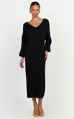 Kartia Midi Dress - V Neck Knit Dress in Black