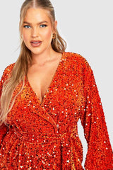 Burnt Orange boohoo Plus Velvet Sequin Wrap Midi Dress