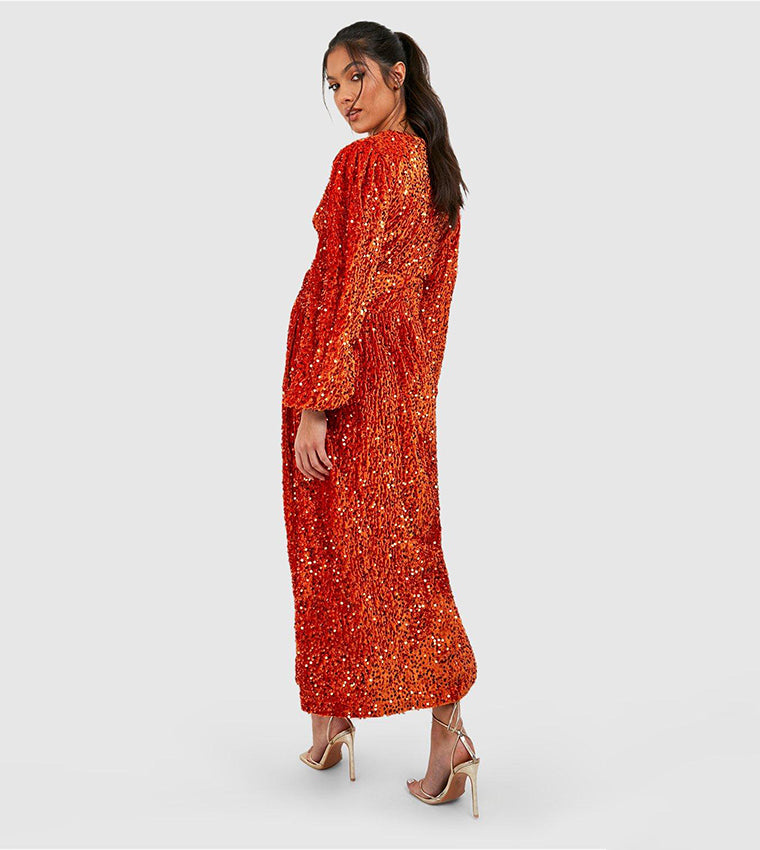Buy Boohoo Velvet Sequin O Ring Maternity Midi Dress In Orange