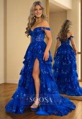 A-Line Sweetheart Off-Shoulder Sleeveless Pleated Tiered Sparkly Long Formal Prom Dress with High Slit