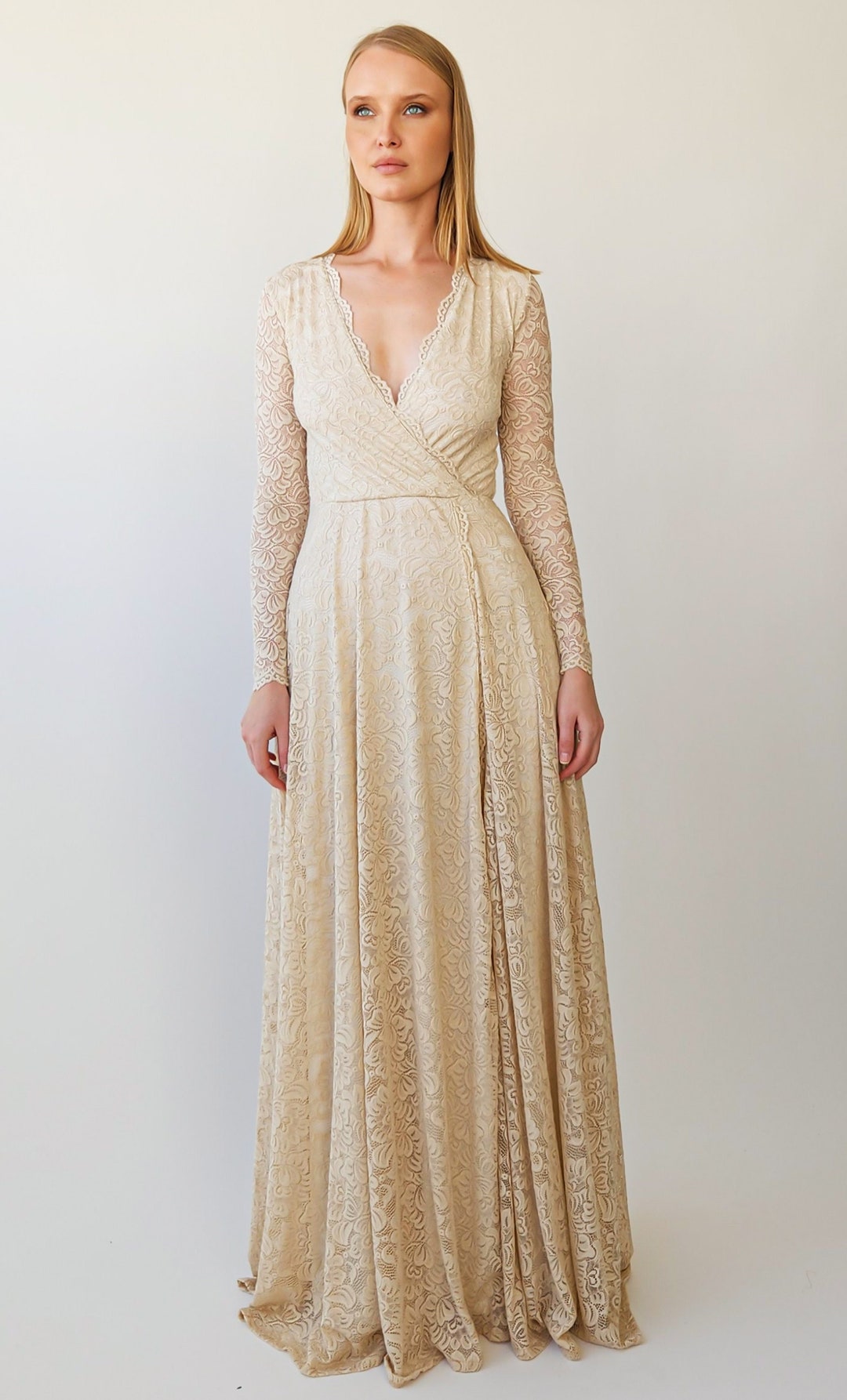 Long Sleeves Light Champagne Wrap Lace Maxi Dress with a Slit #1410