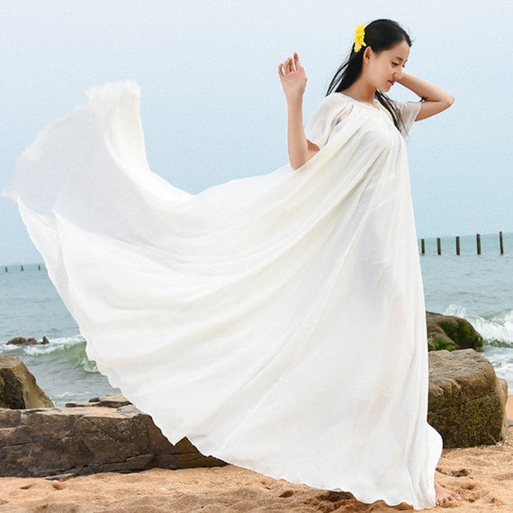 White Chiffon Maxi Dress, Flowy Party Dress