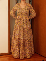 ORGANIC Bohemian Floral Hand Block Printed Maxi, Maternity Photoshoot Dress, Lightweight Cotton Long Dress, Spring Long Sleeve Style Dress