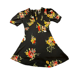 Free People | Dresses | Free People Neon Garden Dress Black Floral Crepe De Chine Puff Sleeve Mini Sz 4