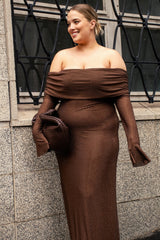 Meshki The Evelina Maxi in brown – a luxurious embellished gown with an off the shoulder neckline. Elegant, flattering, and available for rental now.