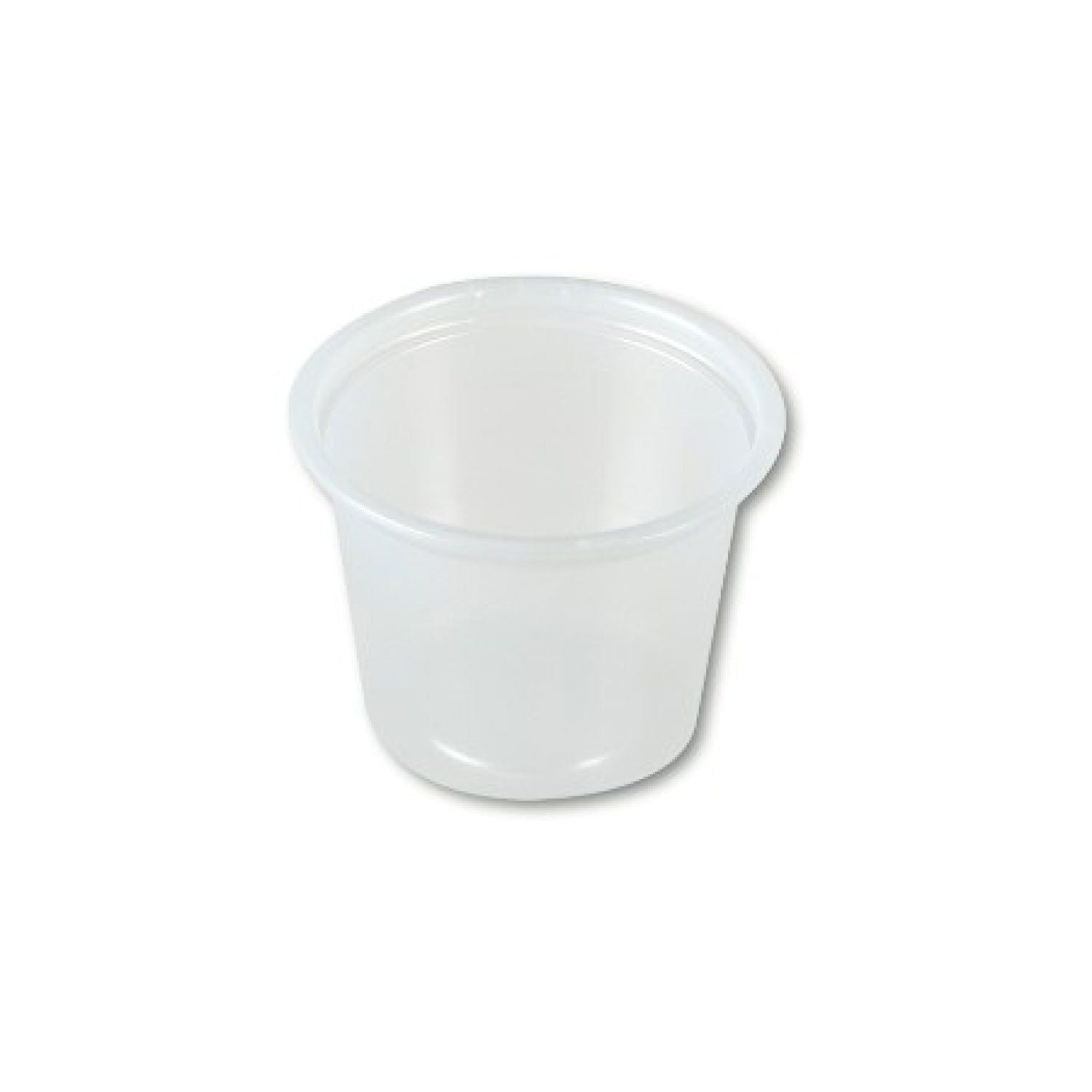 Clear 1 oz plastic portion cup for condiments and samples.