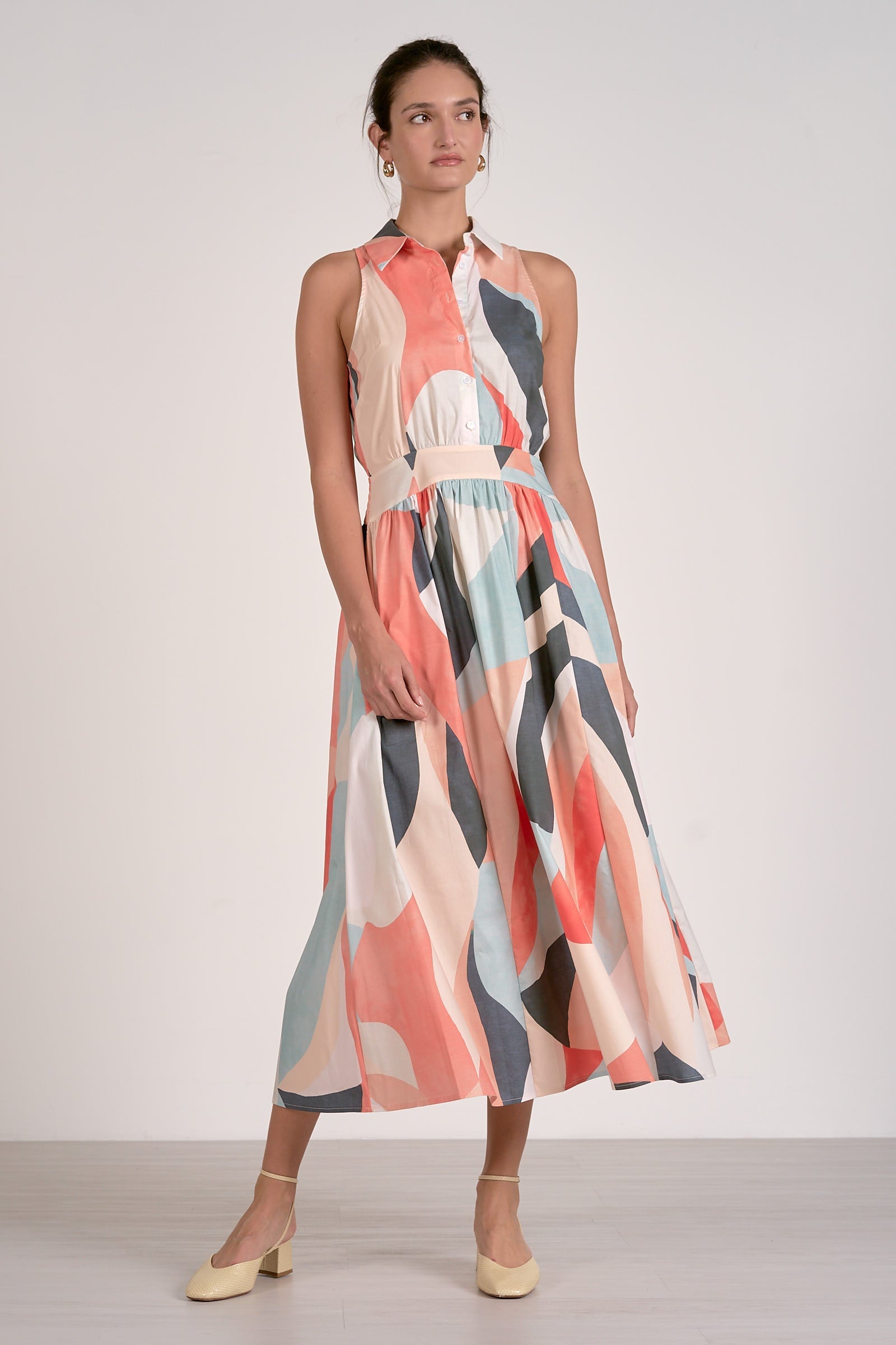front view of collared prism print midi dress with elastic waist and lightweight cotton blend fabric