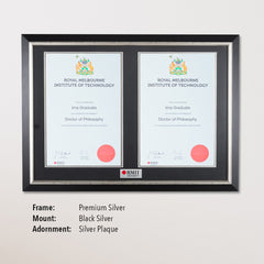 Double Certificate Frame - Premium Silver, Black with Plaque