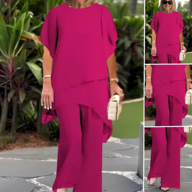 💎 60% DE RÉDUCTION ! 💎 Deux-pièces Femme – Top Asymétrique Élégant & Pantalon à Jambes Larges, Tissu Doux et Respirant pour Printemps & Vacances 🌸👗