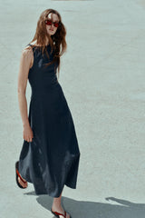 LINEN OPEN BACK MIDI DRESS - Blue