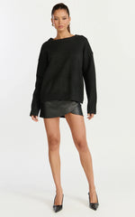 Amanda Top - Crew Neck Long Sleeve Knit Sweater in Black