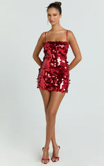 Wilfreda Mini Dress - Sequin Square Neck Bodycon Dress in Red