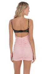 Black Lace Ruched Bodycon Dress in Light Pink