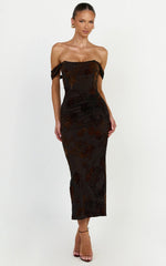 Karlene Midi Dress - Ruched Corset Burnout Dress in Black and Brown