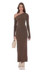 Off Shoulder Long Sleeve Maxi Dress in Brown