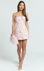 Jayden Mini Dress - Strapless A Line Dress in Pink Floral