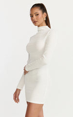 Ruby Mini Dress - High Neck Long Sleeve Dress in Off White