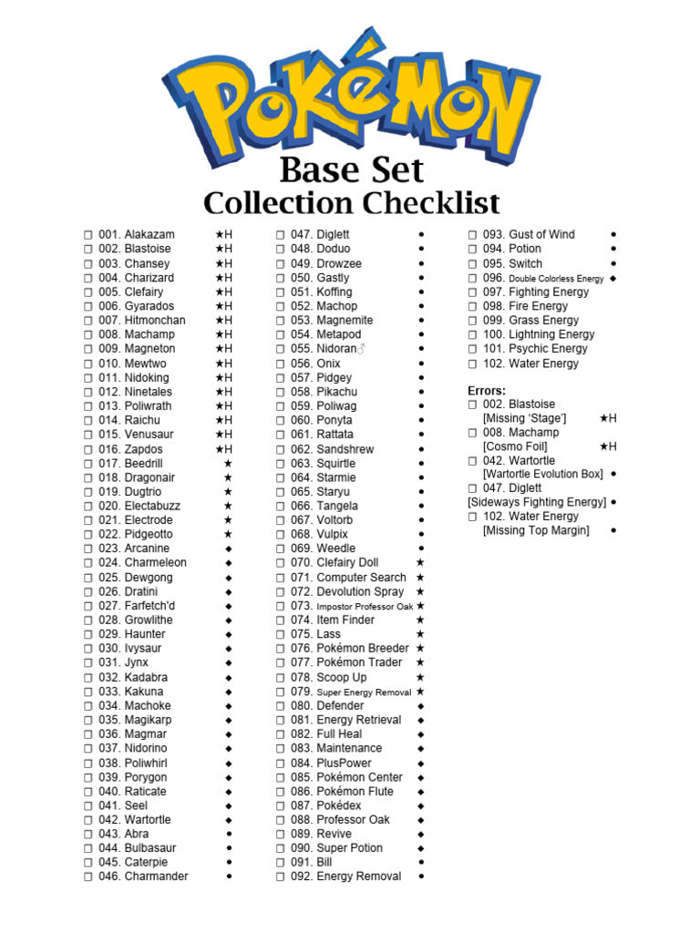 Pokémon Base Set Checklist PDF | PDF