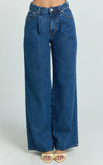 Enya Jeans - High Waist Wide Leg Pleated Denim Jeans in Dark Mid Blue