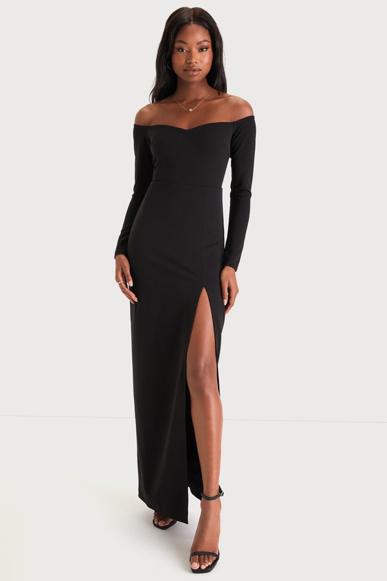 Black Off-the-Shoulder Long Sleeve Maxi Dress | Womens | X-Small (Available in M, L) | 100% Polyester | Lulus | Holiday Dresses