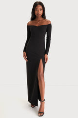 Black Off-the-Shoulder Long Sleeve Maxi Dress | Womens | X-Small (Available in M, L) | 100% Polyester | Lulus | Holiday Dresses