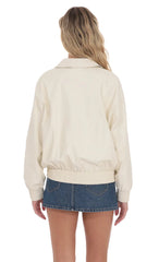 Woven Faux Leather Bomber Jacket in Ivory