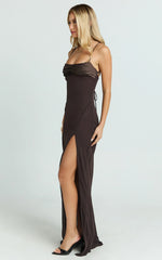 Sonya Maxi Dress - Cowl Neck Asymmetric Fit And Flare Dress in Chocolate