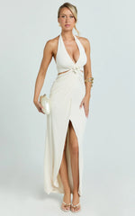 Cleo Maxi Dress - Halter Neck Floral Trim Cut Out Fitted Dress in Ivory