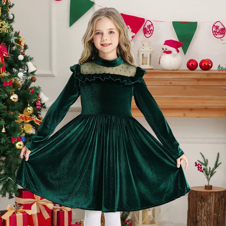 Gubotare Christmas Dresses for Girls Girls Dress Kids Long Sleeve Tulle  Dress Fall Size 5T 6T(Green,5-6 Years)
