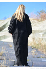 Hand knitted chunky merino blend long T-neck sweater dress in black/D9