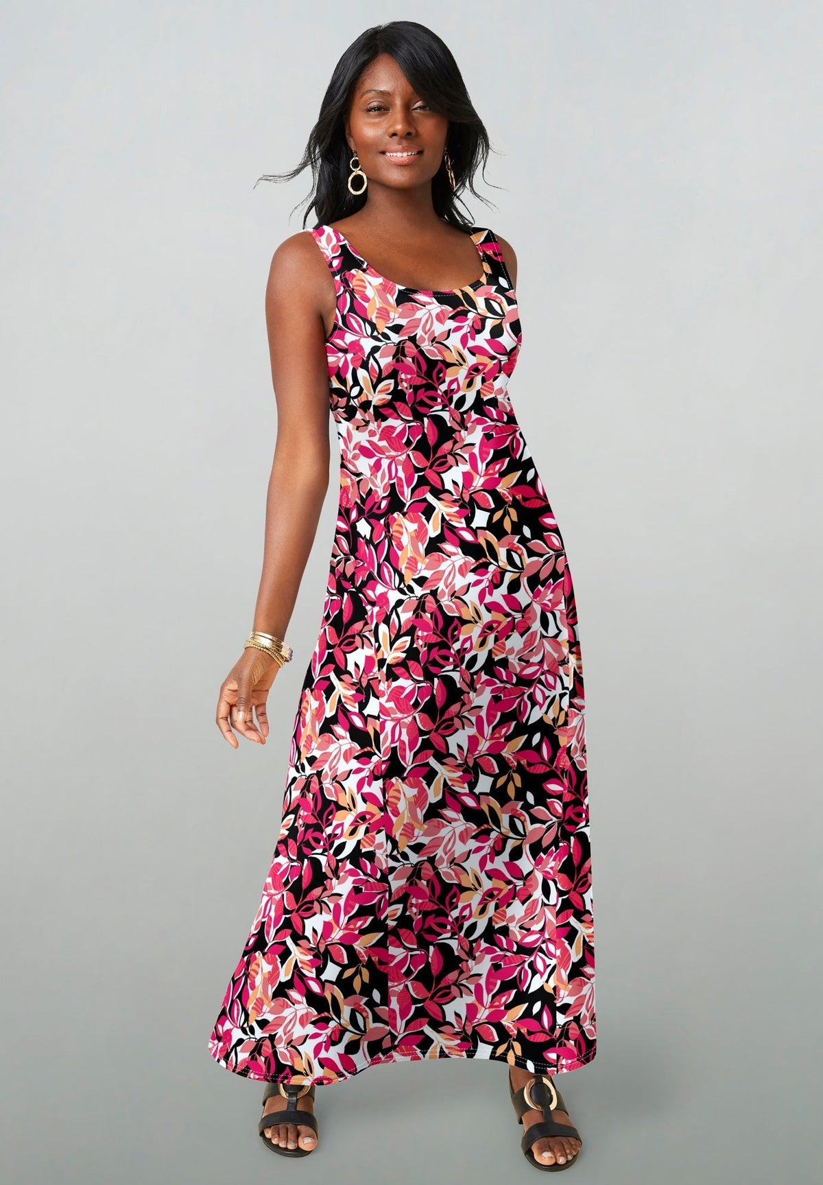 Ladies' Stretch Cotton Tank Maxi Dress, Tea Rose Graphic Leaves