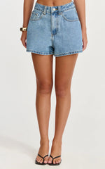 Aria Shorts - High Waisted A Line Denim Shorts in Light Mid Blue Wash