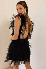 Paradise Ostrich Feather Mini Dress in Black