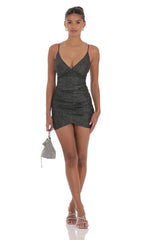 Shimmer Ruched Cross-Back Dress in Black