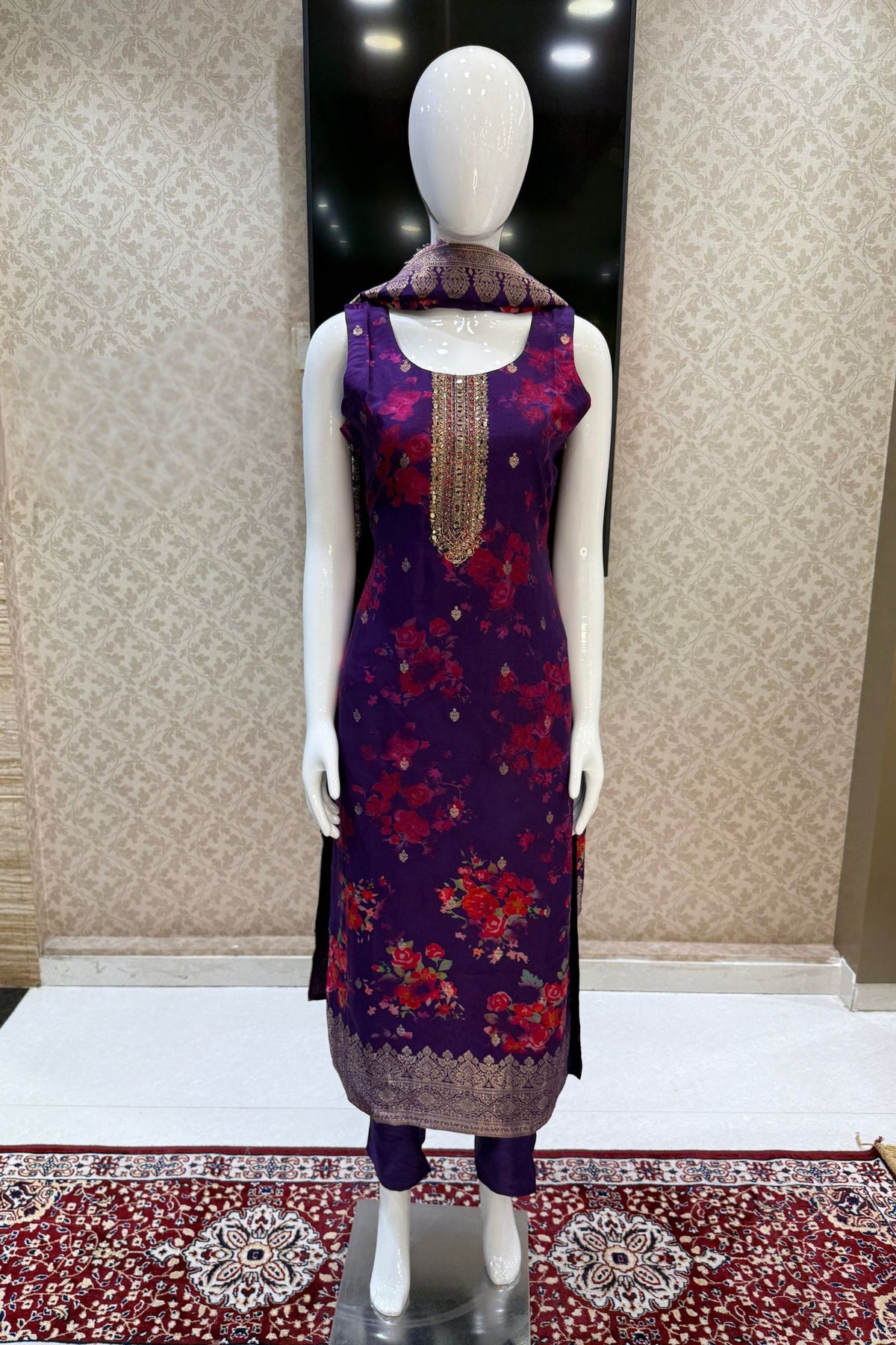 Purple Mirror, Zardozi and Banaras Butta work with Floral Print Straight Cut Salwar Suit
