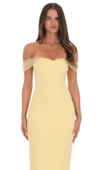 Tulle Off Shoulder Sleeve Maxi Dress in Yellow