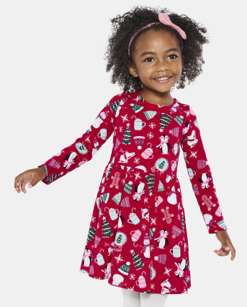 Baby And Toddler Girls Mix And Match Long Sleeve Christmas Print Knit  Skater Dress - RED