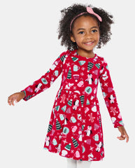 Baby And Toddler Girls Mix And Match Long Sleeve Christmas Print Knit  Skater Dress - RED